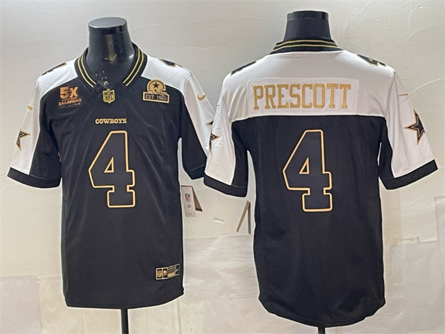 Men's Dallas Cowboys #4 Dak Prescott Black Gold 2025 F.U.S.E. With 5x Super Bowl Champions & Established In 1960 Patch Vapor Limited Stitched Football  Jersey