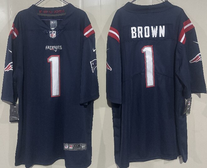 Men's New England Patriots #1 A.J. Brown Navy 2026 Vapor Limited Stitched Football Jersey