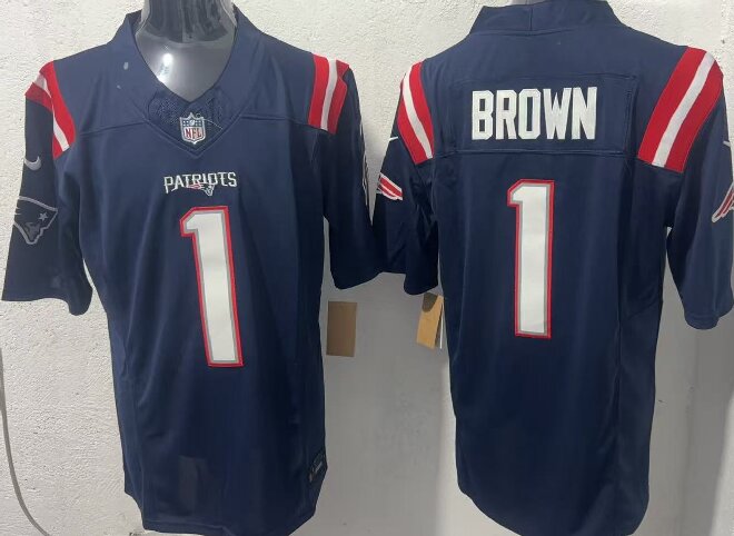 Men's New England Patriots #1 A.J. Brown Navy 2026 F.U.S.E. Vapor Limited Stitched Football Jersey