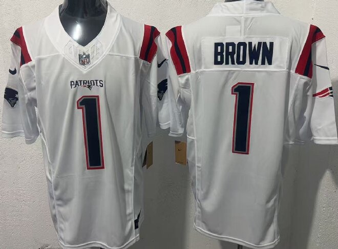 Men's New England Patriots #1 A.J. Brown White 2026 F.U.S.E. Vapor Limited Stitched Football Jersey