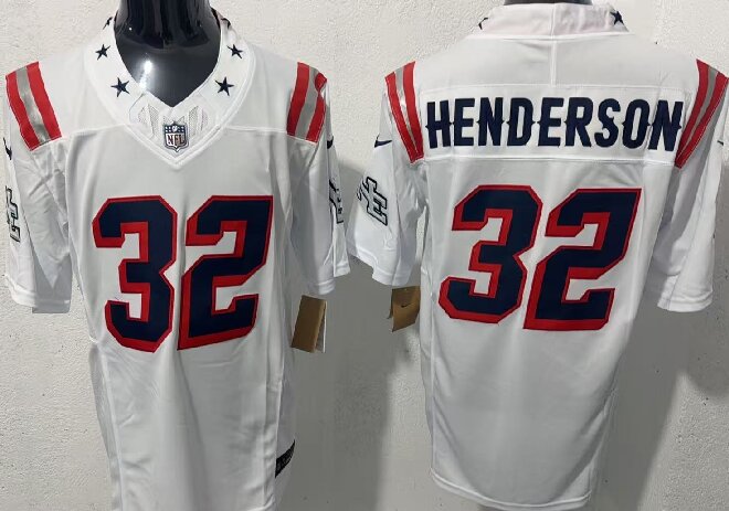 Men's New England Patriots # 32 TreVeyon Henderson White 2026 F.U.S.E. Vapor Limited Stitched Football Jersey