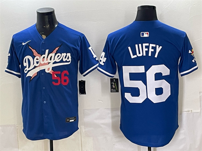 Men's Los Angeles Dodgers X One Piece #56 Luffy Royal Vapor Premier Limited Stitched Baseball Jersey