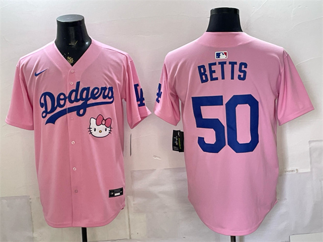 Men's Los Angeles Dodgers #50 Mookie Betts Pink 2025 Hello Kitty Vapor Limited Stitched Baseball Jersey