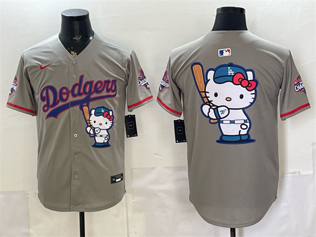 Men's Los Angeles Dodgers Team Big Logo Grey Hello Kitty Night 2025 World Series Champions Patch Stitched Baseball Jersey