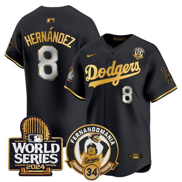 Men's Los Angeles Dodgers #8 Enrique Hernández Black Gold Fernando Valenzuela & 2024 World Series Patch Limited Stitched Baseball Jersey