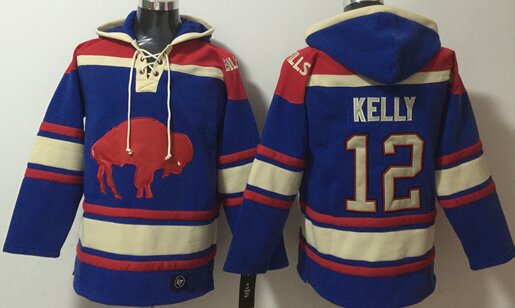 Men's Buffalo Bills #12 Jim Kelly Royal Ageless Must-Have Lace-Up Pullover Hoodie