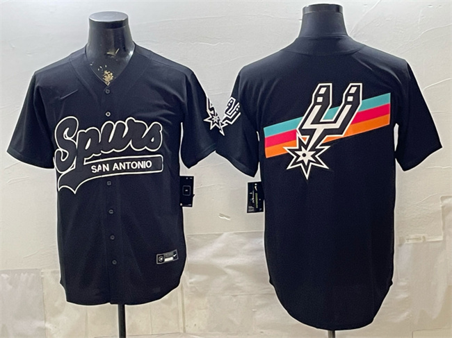 Men's San Antonio Spurs Team Big Logo Black Stitched Baseball   Jersey