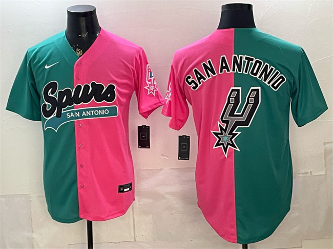 Men's San Antonio Spurs Team Big Logo Teal Pink Split Stitched Jersey