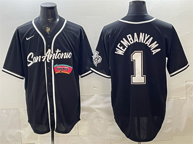 Men's San Antonio Spurs #1 Victor Wembanyama Black Stitched Baseball   Jersey