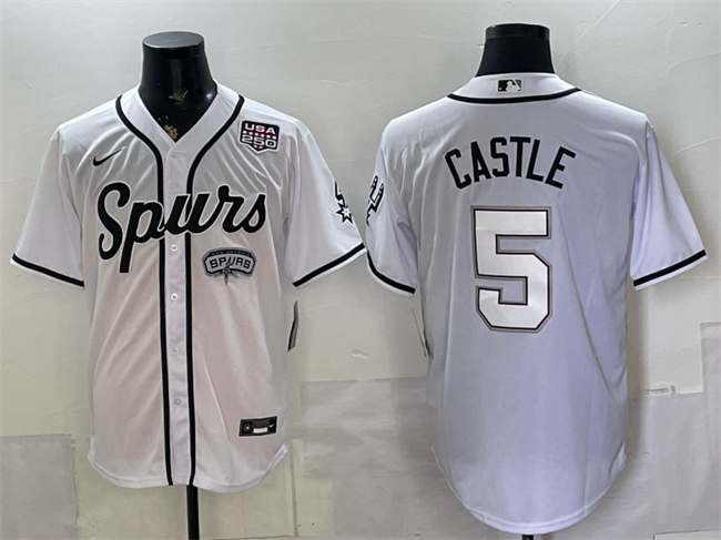 Men's San Antonio Spurs #5 Stephon Castle White USA 250' Patch Stitched Baseball Jersey