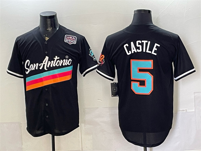 Men's San Antonio Spurs #5 Stephon Castle Black USA 250' Patch City Edition Stitched Baseball Jersey