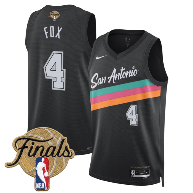 Men's San Antonio Spurs #4 De'Aaron Fox Black 2026 Finals Patch City Edition Stitched Basketball Jersey
