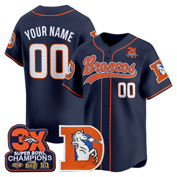 Men's Denver Broncos Active Player Custom Navy 3X Super Bowl Champions Patch Throwback Vapor Stitched Baseball Jersey
