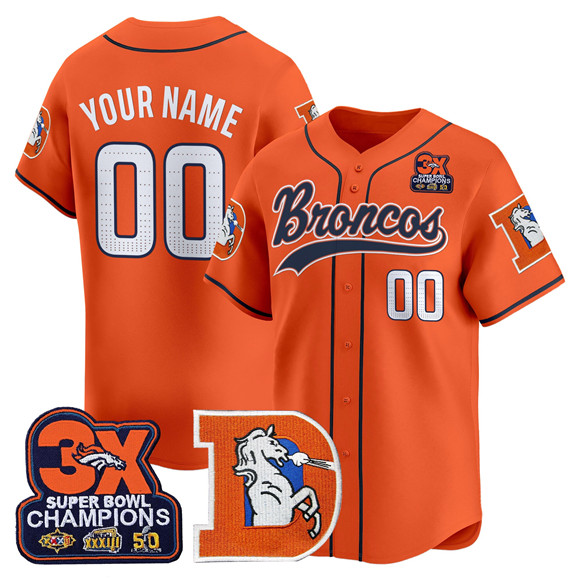 Men's Denver Broncos Active Player Custom Orange 3X Super Bowl Champions Patch Throwback Vapor Stitched Baseball Jersey