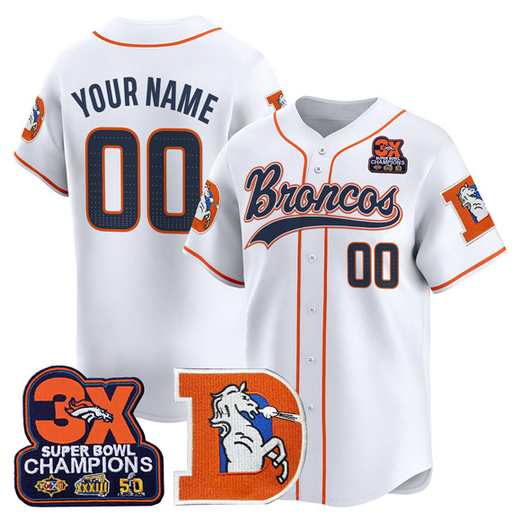 Men's Denver Broncos Active Player Custom White 3X Super Bowl Champions Patch Throwback Vapor Stitched Baseball Jersey