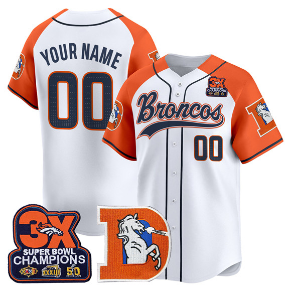 Men's Denver Broncos Active Player Custom Orange Alternate 3X Super Bowl Champions Patch Throwback Vapor Stitched Baseball Jersey