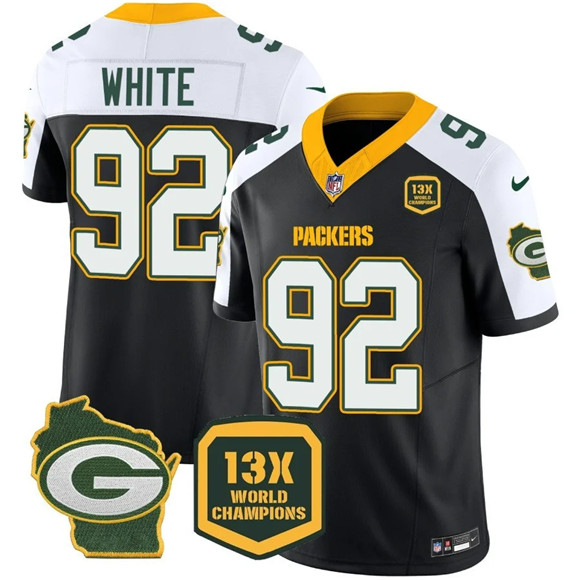 Men's Green Bay Packers #92 Reggie White Black White 2023 F.U.S.E. Home Patch 13 Time World Champions Vapor Untouchable Limited Stitched Football Jersey
