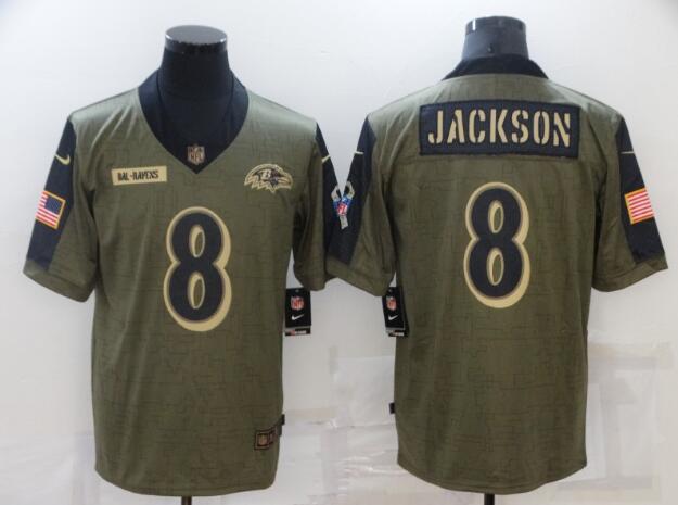 Men's Baltimore Ravens 8 Lamar Jackson Nike Olive 2021 Salute To Service Limited Player Jersey